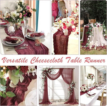 3 Pack Burgundy Table Runner Cheesecloth Gauze Red Table Runner 35x120 Inch Rustic Boho Cheese Cloth Sheer Runner for Wedding Baby Shower Bridal Shower Birthday Party Christmas Decorations