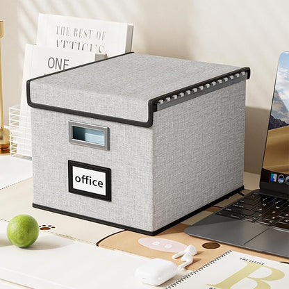Huolewa File Organizer Box with Lid, Collapsible File Folder Organizer for Office Document Storage, Filing Box with Plastic Slide for Letter Size Hanging File Folders(1 Pack, Light Grey)