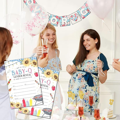 Baby-Q Gender Reveal Invitations - 20 Rustic BBQ Baby Shower Invitation Cards 4"x6" with Envelopes, Sunflower and Gingham Blue Pink Invitations for Parents-to-Be.(104)