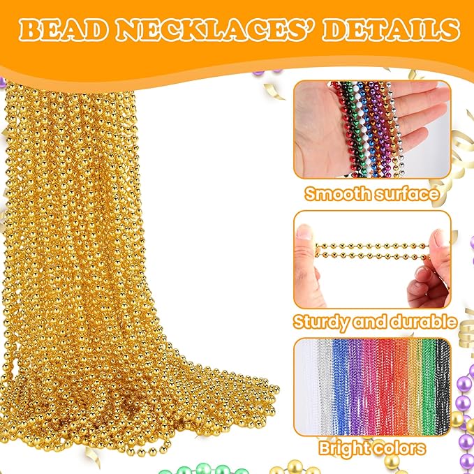 900 PCS Gold Bead Necklace, 33 Inch Mardi Gras Christmas Beads, Bulk Metallic Party Beads for Mardi Gras Parade, St Patricks Day, Wedding, Birthday, Pirate Party, Carnival Party Favors