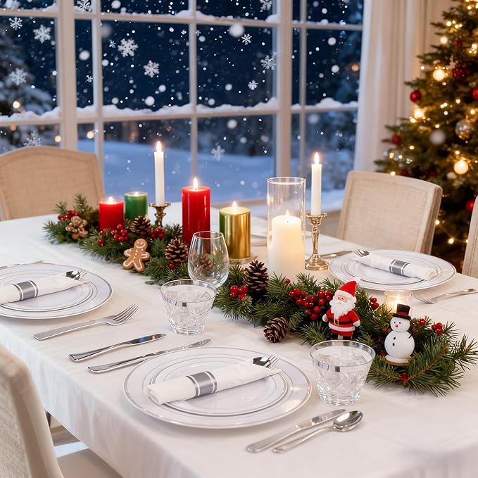WELLIFE 700 Pcs Silver Plastic Plates for 100 Guests - Christmas Party Supplies Includes 200 Plastic Plates,300 Silver Silverware,100 Napkins,100 Cups for Party,Disposable Dinnerware Set