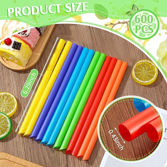 Tessco for you 600 Pcs 6 Inch Jumbo Smoothie Straws Bulk Large Plastic Disposable Bubble Tea Straws Wide-Mouthed Individually Wrapped for Tall Homemade Milkshakes Drinking (Classic Color)