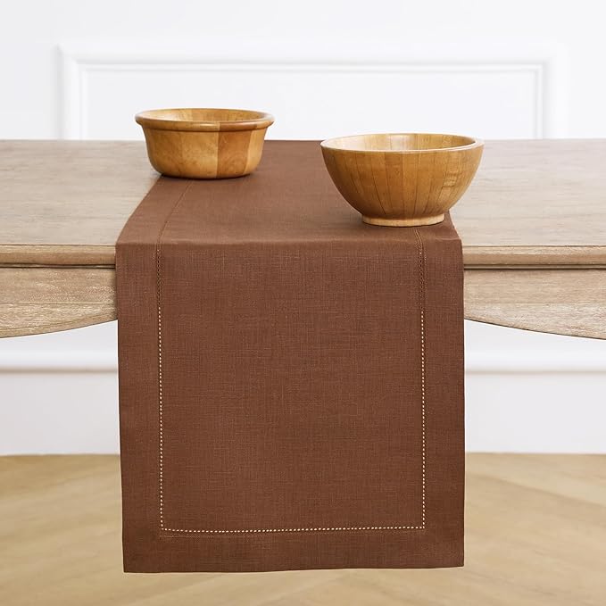 Solino Home Linen Brown Table Runner 120 Inches Long - 100% Pure Linen Hemstitch 14 x 120 Inch Table Runner for Dining, Fall, Autumn - Classic Hemstitch