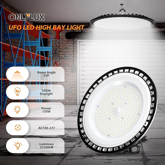 UFO LED High Bay Light 150W 22500LM 5000K, 600W HID/HPS Replacement, Cable with Plug, Ultrathin Led High Bay Shop Lights for Warehouse Garage Gym, Workshop 8Pack