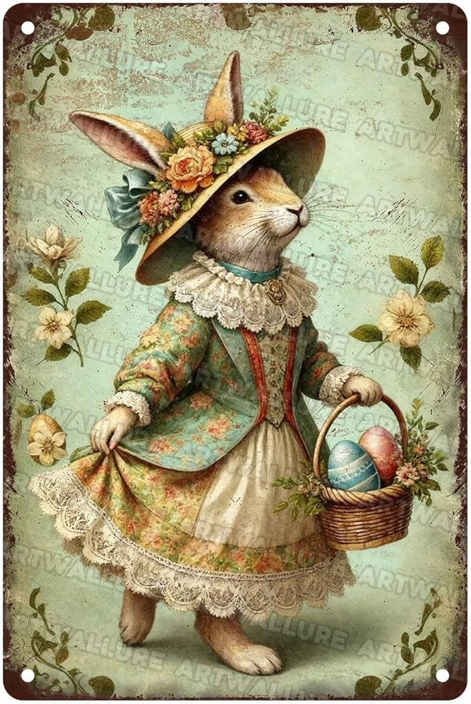 Vintage Easter Bunny Metal Sign Easter Eggs Rustic Farmhouse Wall Art For Indoor Outdoor Home Garden Decor 8x12Inch