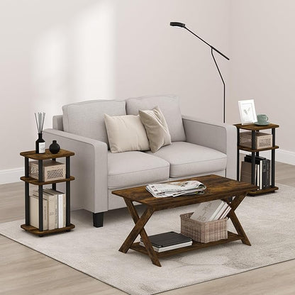 Furinno JUST Side Table Set of 2, 3-Tier Turn-N-Tube End Table with Open Shelf, Round Curve Corner Night Stand, Bedside Table, Easy Assembly, for Living Room, Bedroom, Amber Pine