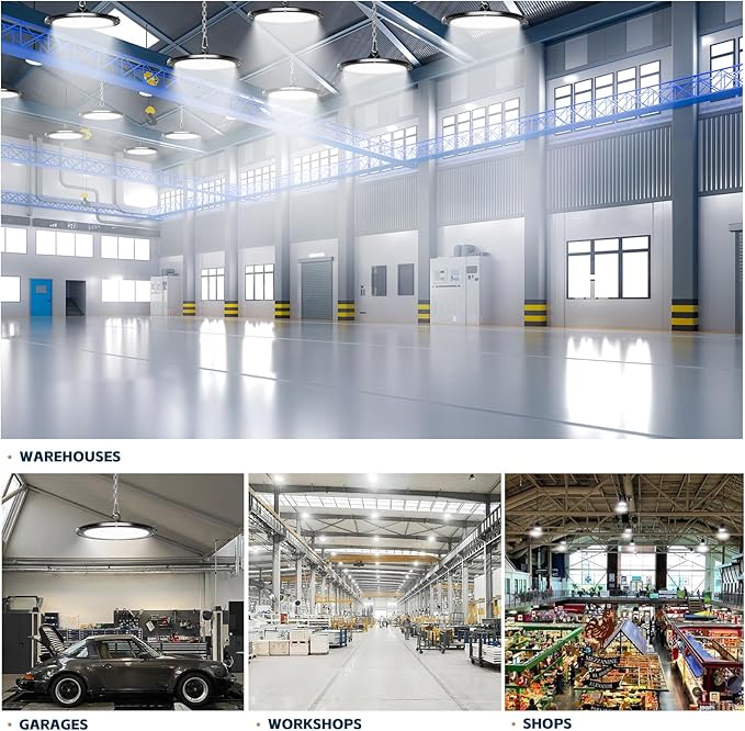 UFO LED High Bay Lights 200W 28000LM with US Plug 5ft Cable 5000K AC100-277V High Bay LED Shop Lights Commercial Warehouse Workshop Factory Barn Garage Lighting Fixture 8 Pack