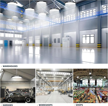 UFO LED High Bay Lights 200W 28000LM with US Plug 5ft Cable 5000K AC100-277V High Bay LED Shop Lights Commercial Warehouse Workshop Factory Barn Garage Lighting Fixture 8 Pack
