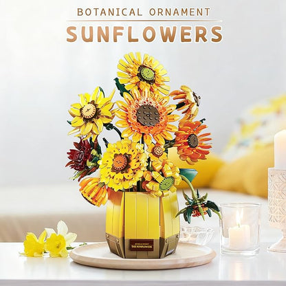 2 in 1 Sunflower Building Blocks Set with Vase, Botanical Collection Artificial Flowers Compatible with Lego for Adults, Gift for Christmas Home Décor Flower Table Centerpiece