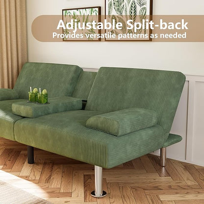 Flamaker Futon Sofa Bed Corduroy Folding Couch Adjustable Sleeper Sofa Bed for Small Apartment Upholstered Living Room Furniture Set with 2 Cup Holders Removable Armrests (Corduroy, Green)
