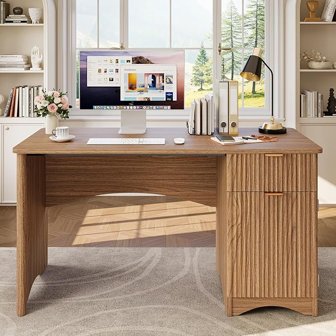 Bestier Computer Desk with Drawer, 47 inch Office Desk with Storage Cabinet, Modern Wood Desk Adjustable Shelves for Home Office & Studio, Brown Oak