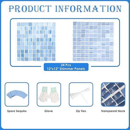 Shimmer Wall Backdrop Baby Blue Square Sequin Wall Panel Backdrop Decor for Wedding, Anniversary, Birthday, Party, 24 Panels