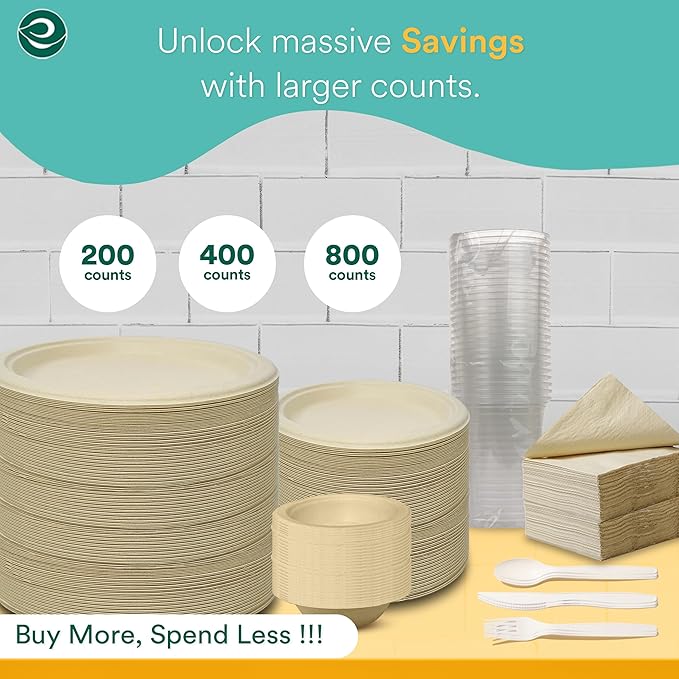ECO SOUL 400 Pcs Compostable Dinnerware Set For 50 Guests, 50 Pcs Each Of Eco-Friendly Disposable Paper Plates Of 9"" & 6"", Cutlery, Napkins, 16 oz Bowls & 16 oz Cups For Party, Picnic & Gathering