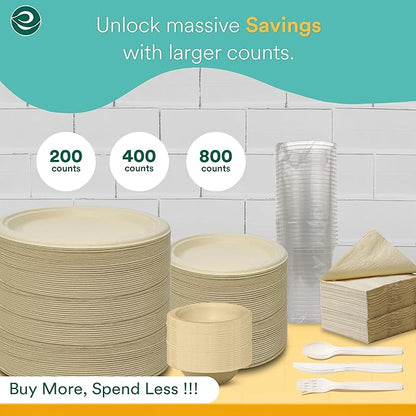 ECO SOUL 400 Pcs Compostable Dinnerware Set For 50 Guests, 50 Pcs Each Of Eco-Friendly Disposable Paper Plates Of 9"" & 6"", Cutlery, Napkins, 16 oz Bowls & 16 oz Cups For Party, Picnic & Gathering