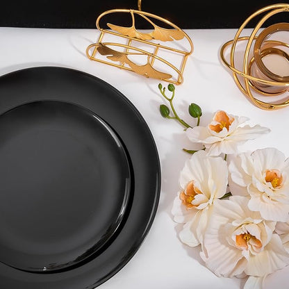 I00000 200 PCS Black Plastic Plates for 100 Guests Include: 10.25 inch 100 Pieces Dinner Plate and 7.5 inch 100 Pieces Dessert Plate, Premium Halloween Plastic Plates Perfect for Party & Halloween