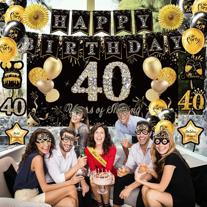 40th Birthday Decorations,39pcs-40th Birthday Decorations for Men & Women,Black Gold 40th Birthday Eyeglasses Decorations Banner Balloons Backdrop Hanging Swirls Paper Fans ,1985 Banner Party Supplies