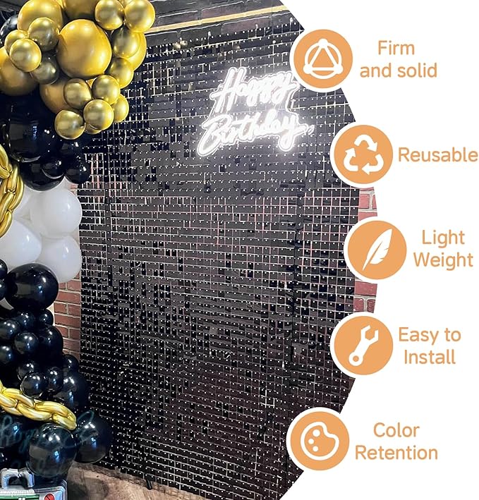 Black Shimmer Wall Backdrop,Shiny Sequins,48 Pcs Sequins Backdrop Decoration Panels,Photo Background Decorations for Birthday Party Wedding Engagement Anniversary Graduation Baby Shower