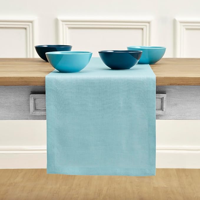Solino Home Linen Aqua Blue Table Runner 108 Inches Long - 100% Pure Linen 14 x 108 Inch Table Runner for Dining, New Year - Fete