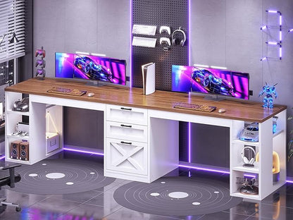 SEDETA Farmhouse 96.5" Computer Desk with Drawers, 2 Person Home Office Desk, Gaming Double Desk with Storage Shelves, Long Two Person Writing Desk (White and Brown)