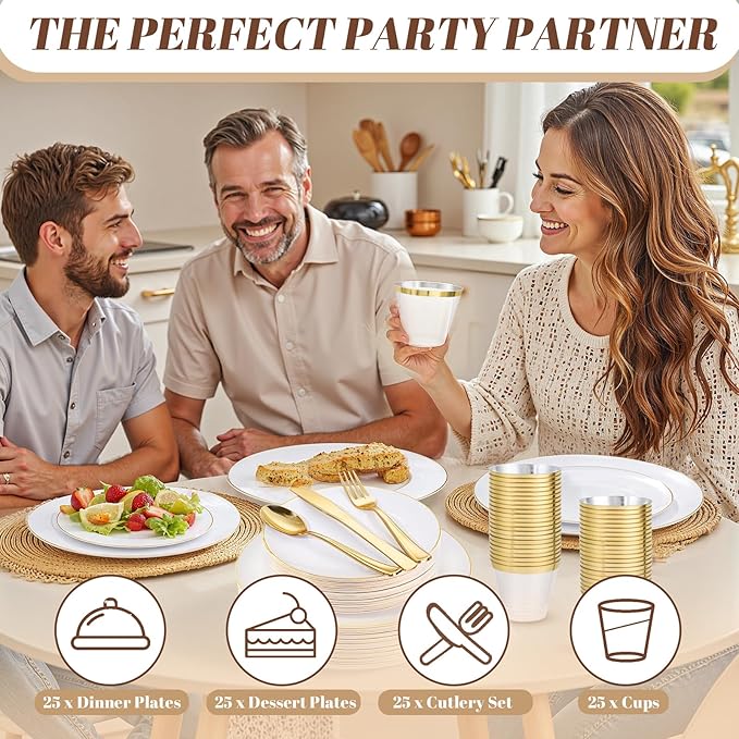WDF 150Pcs White and Gold Plastic Plates - Gold Plates Disposable - 25guest Disposable Dinnerware Include 25 Dinner Plate, 25 Dessert Plate, 25 Cutlery & 25 9oz Cups for Wedding & Thanksgiving Party