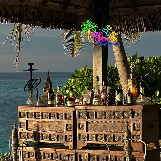 Lucunstar Neon Bar Sign LED Beer Sign USB Powered with Coconut Tree Slipper Wine Glass Bar Open Light Up Pub Party Man Cave Vacation Hotel LED Beer Neon Light Art Decor Gifts for Birthday Christmas