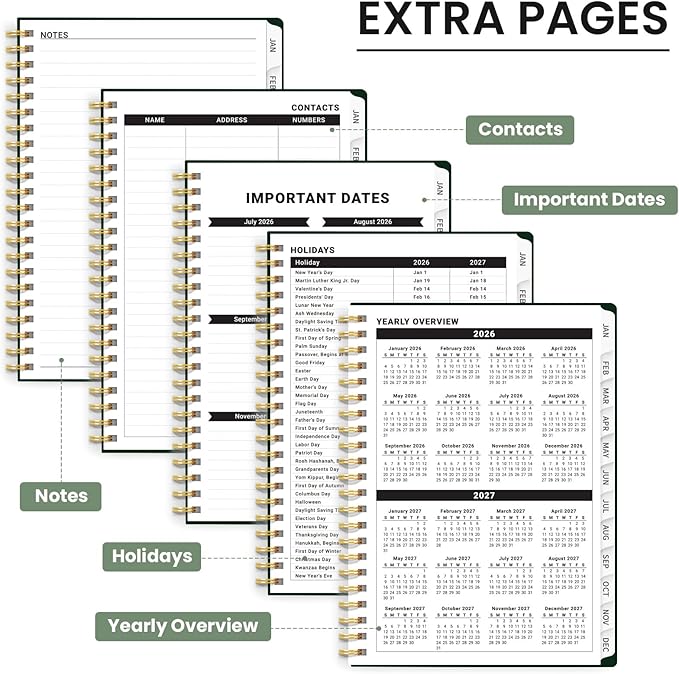 2026 Planner, Weekly and Monthly Planner for Women, Jan 2026 - Dec 2026 Pretty 2026 Calendar Planner with Monthly Tabs, Inner Pocket, Spiral Binding, Perfect for Office Home School - 6.3" x 8.5", Golden Wreath