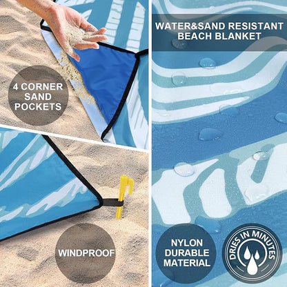 Beach Blanket Waterproof Sandproof Beach Mat 79" X 83"/10'x9'for 2-8 Adults Quick Drying Outdoor Picnic Mat Beach Accessories for Travel, Camping, Hiking