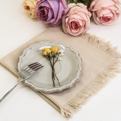 Handmade Cloth Napkins with Fringe,18 x 18 Inches Cotton Linen Napkins Set of 12 Versatile Handmade Square Rustic Fringe Napkins for Dinner, Wedding and Parties, Beige