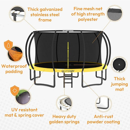 JUMPZYLLA Trampoline Outdoor 8FT 10FT 12FT 14FT 15FT 16FT with Enclosure and Ladder, ASTM Approved Recreational Trampoline for Kids and Adults, Anti-Rust Coated Frame