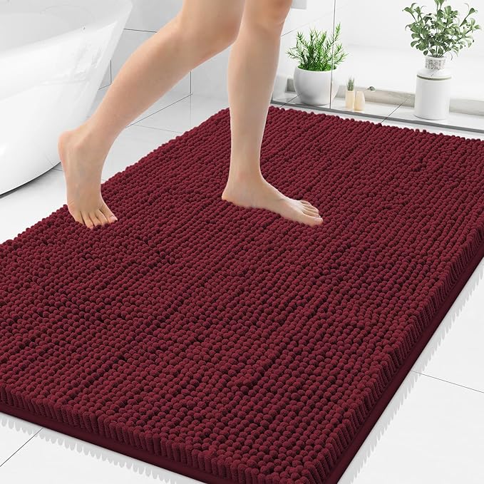 Smiry Luxury Chenille Bathroom Rugs 40x32, Extra Soft and Absorbent Shaggy Bath Mat, Machine Washable, Non-Slip Plush Carpet Runner for Tub, Shower, and Floor, Home Decor Accessories, Burgundy