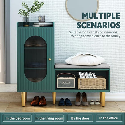 HLR Storage Bench with Glass Door&Shelf, Modern Entryway Shoe Cabinet Bench with Padded Seat, Green L-Shaped Storage Cabinet for Hallway, Bedroom, Living Room, Office