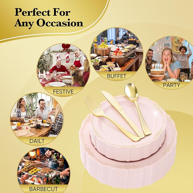 350 PCS Pink Disposable Plates, Elegant Dinnerware Set for 50 Guests, 100 Plastic Plates, 150 Silverware, 50 Cups & 50 Paper Napkins, Pink