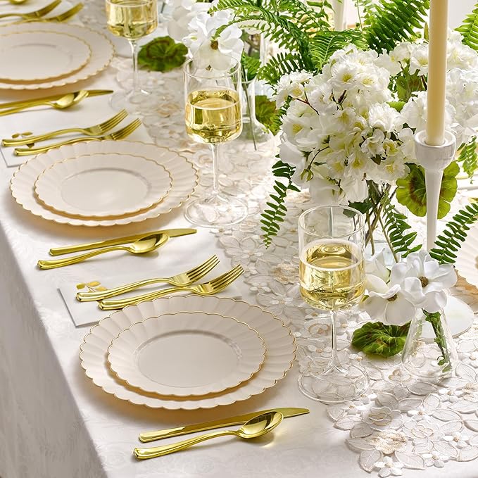 By Madee HEAVYWEIGHT 100 Pc Ivory Scalloped Plastic Plates for Party with Gold Trim | 50 Dinner & 50 Dessert Party Plates | Elegant Fancy for Wedding, Bridal Showers Special Moments (50 Guests)