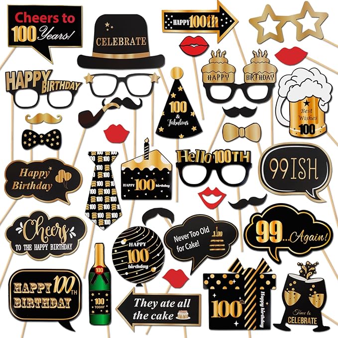 LINGTEER Happy 100th Birthday Party Photo Booth Props,Cheers to 100th Birthday 100th Years Old Bday Party Centerpieces Props Decorations Sign.