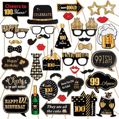 LINGTEER Happy 100th Birthday Party Photo Booth Props,Cheers to 100th Birthday 100th Years Old Bday Party Centerpieces Props Decorations Sign.