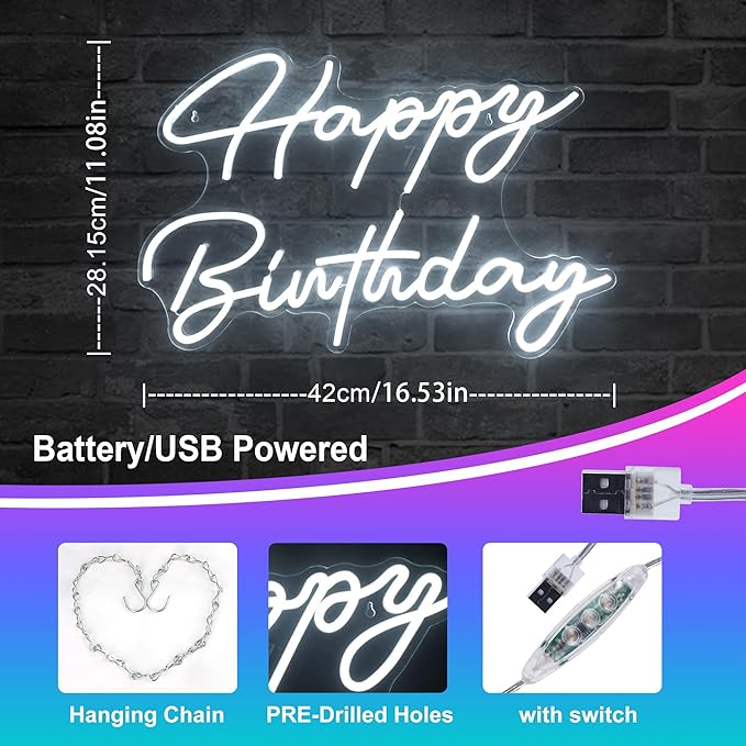 Happy Birthday Neon Sign - Large Happy Birthday Light Up Sign for Wall Decor with USB Powered, Adjustable Brightness Reusable LED Light Sign for All Birthday Party Decoration(16.5 x11inches,White)