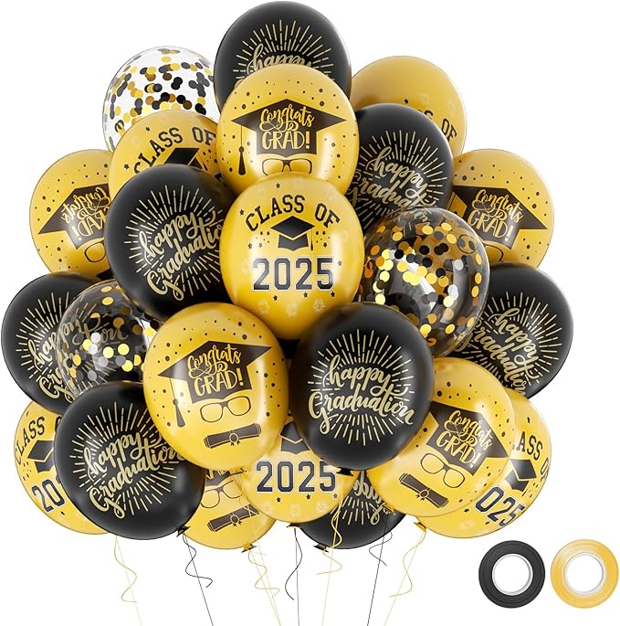 Graduation Balloons 2025 Grad Party Decoration, 50pcs 12 Inch Black and Gold Grad Latex Balloons Graduation Party Balloons for Grad class Celebrations Decoration Supplies
