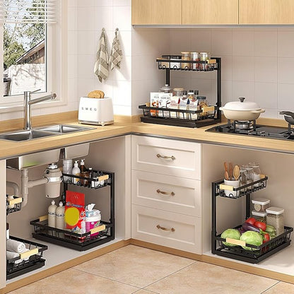 2 Packs Under Sink Organizer, Height Adjustable 2 Tier Under Kitchen Sink Organizer, Multi-Purpose Storage Shelf for Kitchen Bathroom Cabinet (Black, Extra Large)