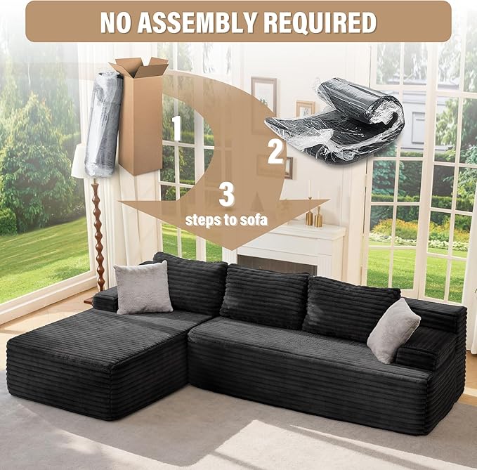 Hobestluk Modular Sectional Sofa Couches L-Shape Couch 3 Seat Modular Sofa Memory Foam Sectional Couches for Living Room, Cloud Couch with Oversized Chaise (96“, Left Facing)