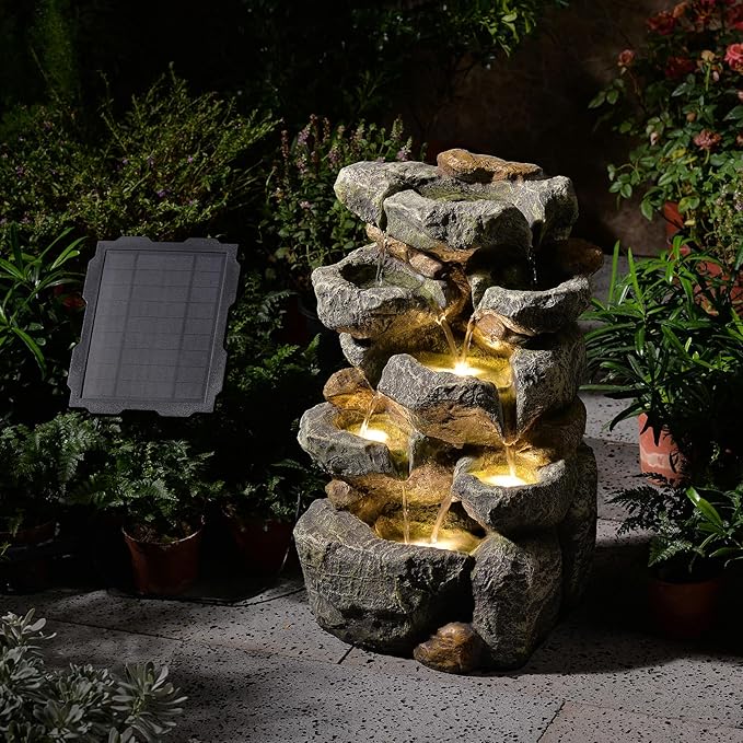 Solar Powered Water Fountain, 5 Tier Cascading Stone Design Feature Outdoor Fountains Waterfalls with Light, Pump Solar Panel for Patio, Deck, Porch, Backyard Home Decor,19.3" H