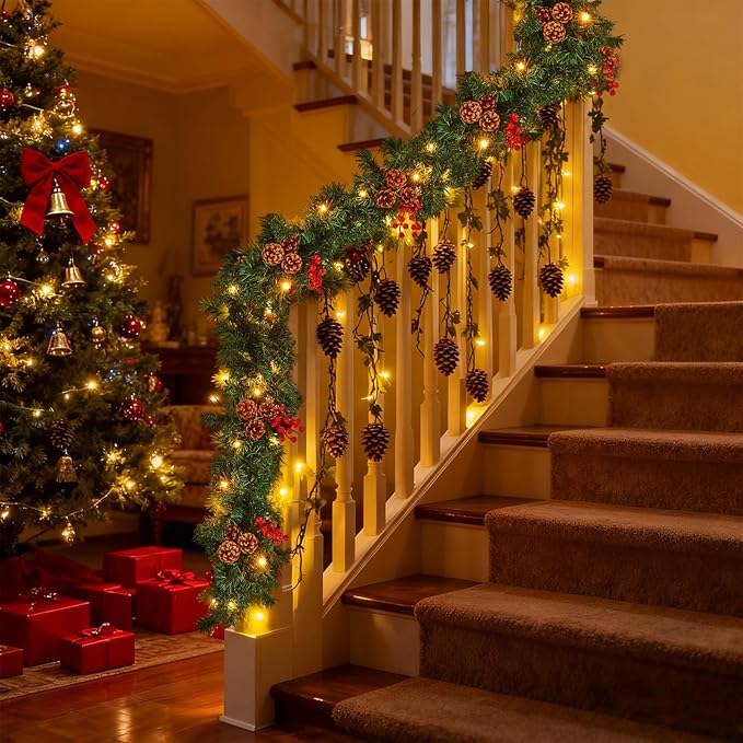 Christmas Garland with Lights, 9FT Christmas Garland for Mantle, Prelit Outdoor Garlands with Red Berries and Pine Cores for Ourdoor Indoor Mantle Table Stairs Fireplace Home Christmas Decor