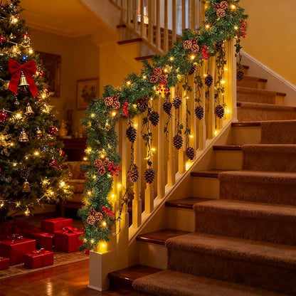 Christmas Garland with Lights, 9FT Christmas Garland for Mantle, Prelit Outdoor Garlands with Red Berries and Pine Cores for Ourdoor Indoor Mantle Table Stairs Fireplace Home Christmas Decor