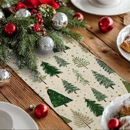 Christmas Tree Table Runner 13x72 Inch Winter Forest Burlap Farmhouse Dining Table Decoration Green Pine Trees Holiday Tablecloth for Kitchen Dining Room Indoor Outdoor Party Home Decor