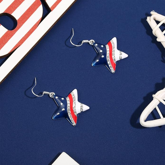Patriot Day Gift Independence Day USA 4th of july Memorial Day Red White and Blue Dangle Star Earrings for Women
