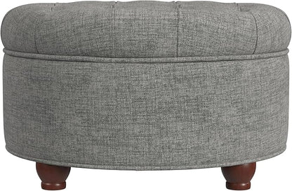 Homepop Home Decor |Button Tufted Woven Round Storage Ottoman | Ottoman with Storage for Living Room & Bedroom (Gray Woven)