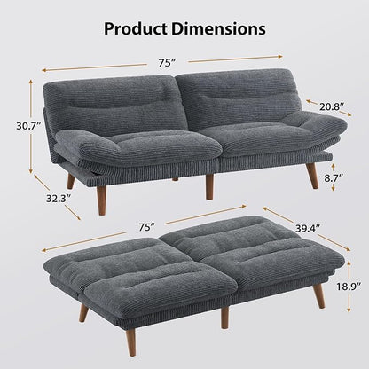 Pipishell Futon Sofa Bed, 75 Inch Corduroy Futon Couch Convertible with Adjustable Backrest and Armrests, Recliner Sleeper Sofa for Small Spaces, Living Room, Office, Guest Room (Grey, 75 Inch) | Adjustable