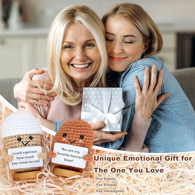 2 Pcs Coffee Gifts Mini Emotional Support Crochet Coffee Bean Set - Espresso Love And Favorite Human Bean, Cool Emotional Support Plush Gift for Latte Lover, Crochet Office Decor for Women Men