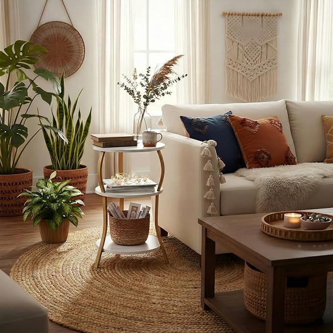 Vintage Small Round Side Table, 3-Tier Slim Waist Circular End Table with Storage Shelf, Compact Tea Sofa Table, Round Corner Coffee Table Nightstand for Living Room Bedroom Small Spaces,White+ Gold