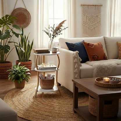 Vintage Small Round Side Table, 3-Tier Slim Waist Circular End Table with Storage Shelf, Compact Tea Sofa Table, Round Corner Coffee Table Nightstand for Living Room Bedroom Small Spaces,White+ Gold