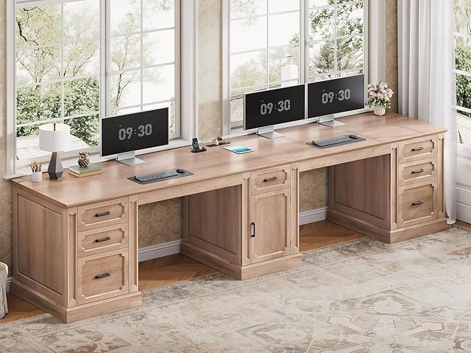 SEDETA Farmhouse 110.3" Two Person Desk with 7 Drawers, Long Computer Desk with Storage Cabinet, 2 Person Desk with Power Outlets for Home Office, Natural Oak